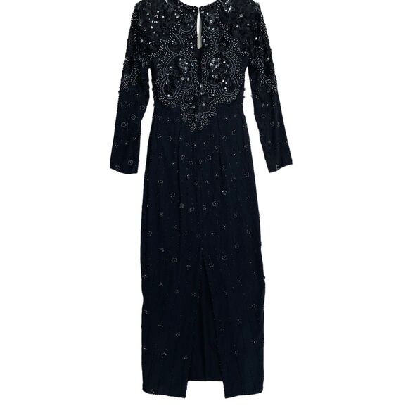 Vintage Demetrios Design Maxi Dress S Black Silk Beaded Burleskque Fairy Glam - Picture 6 of 12